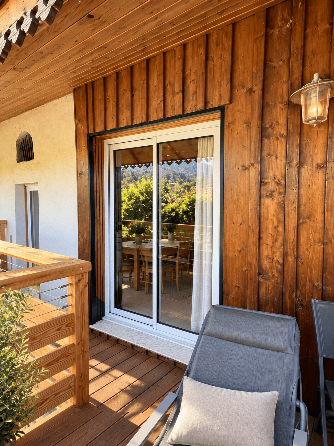 Baie vitrée coulissante aluminium blanche sur terrasse bois — vue 3